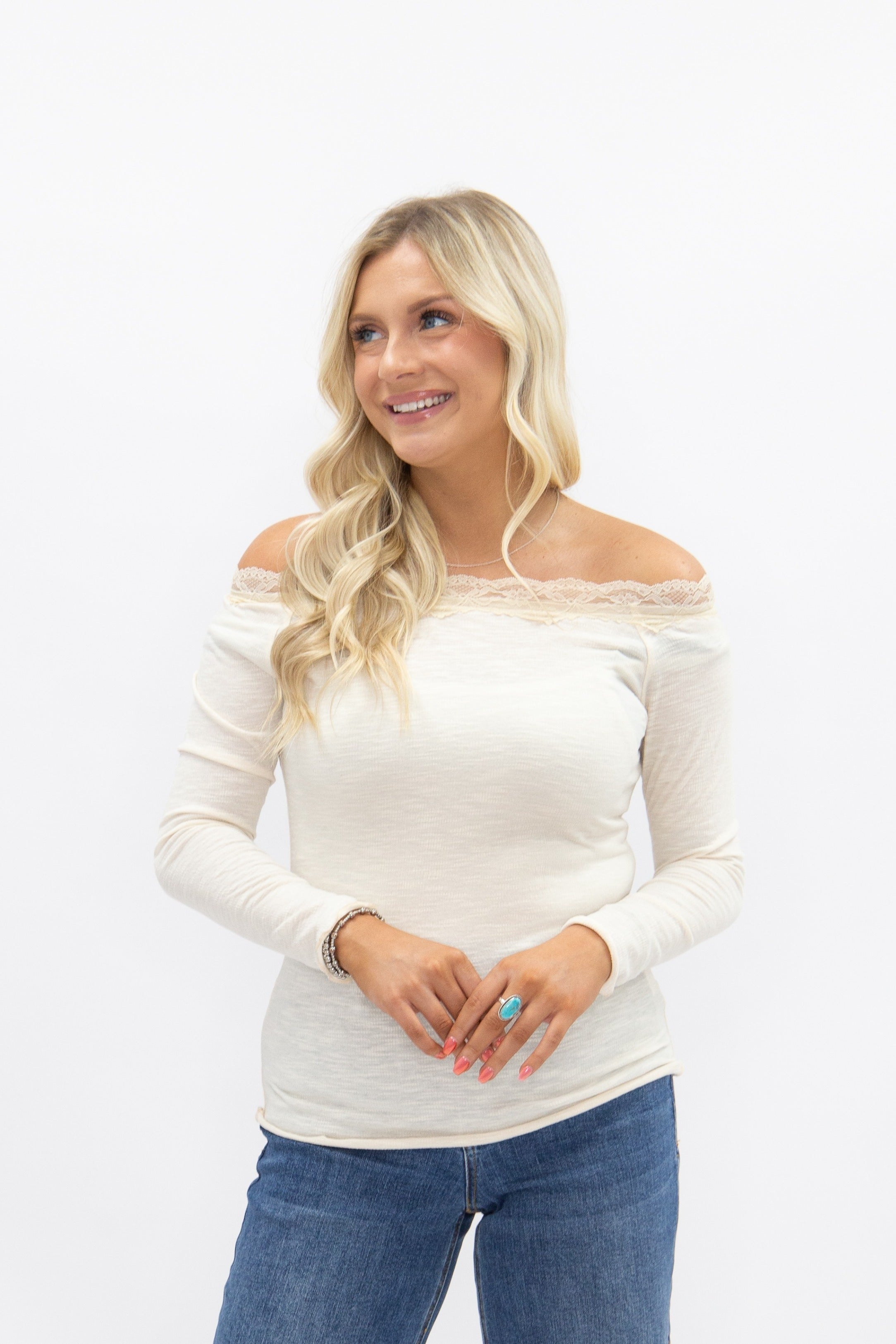 Longsleeve Off-the-Shoulder Top with Lace Trim, Ivory